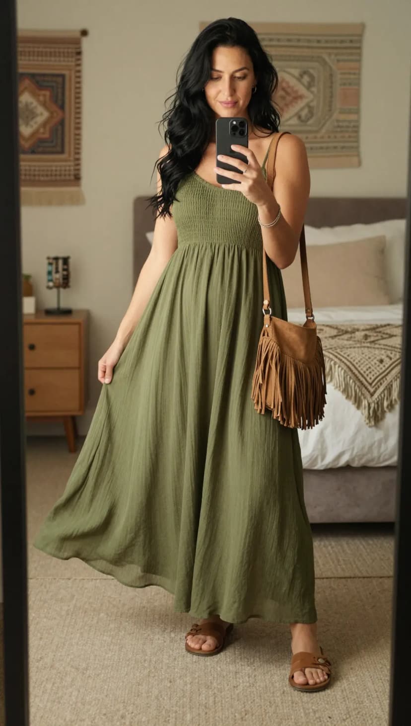 Olive Gauze Maxi Dress + Brown Suede Fringe Crossbody Bag + Tan Leather Slides