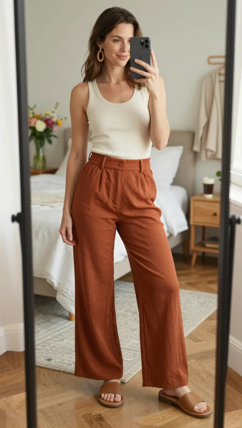 Cream Ribbed Tank Top + Rust Linen Wide-Leg Trousers + Tan Leather Slides