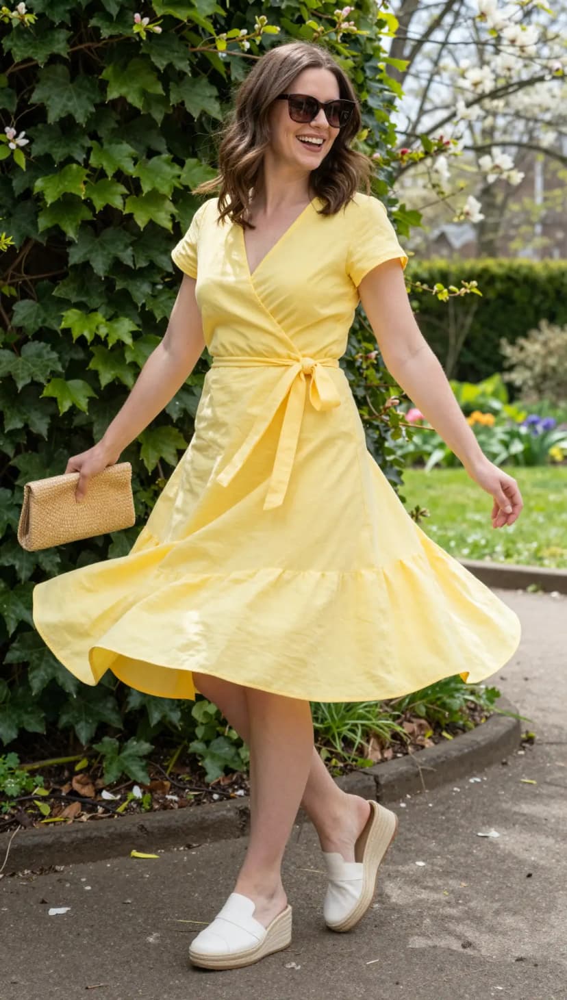 Yellow Linen Wrap Dress + White Espadrille Wedges + Straw Clutch