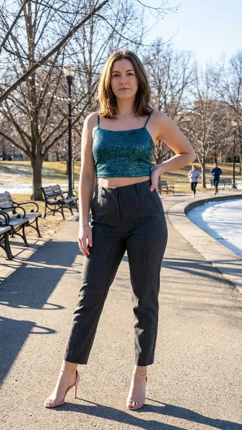 Teal Sequin Crop Top + Pinstripe Pants + Nude Heels