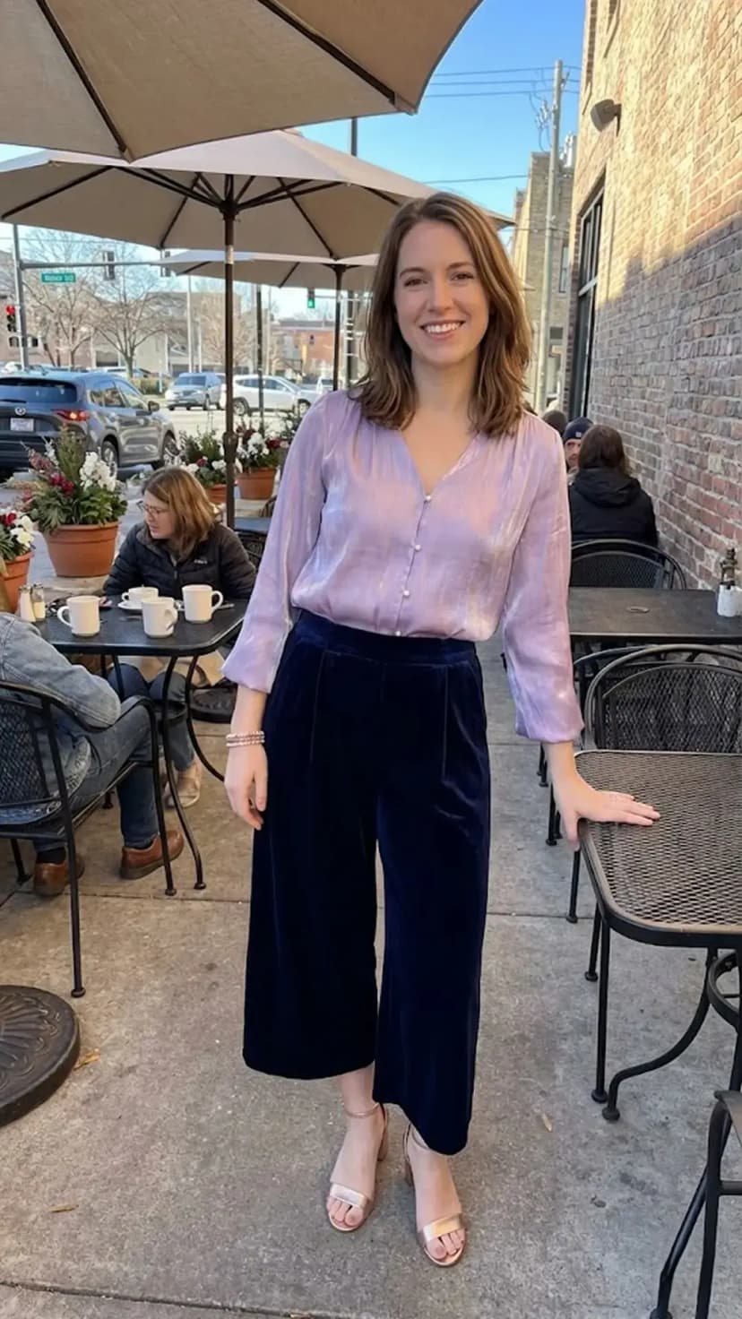 Lavender Metallic Blouse + Navy Velvet Culottes + Champagne Heels