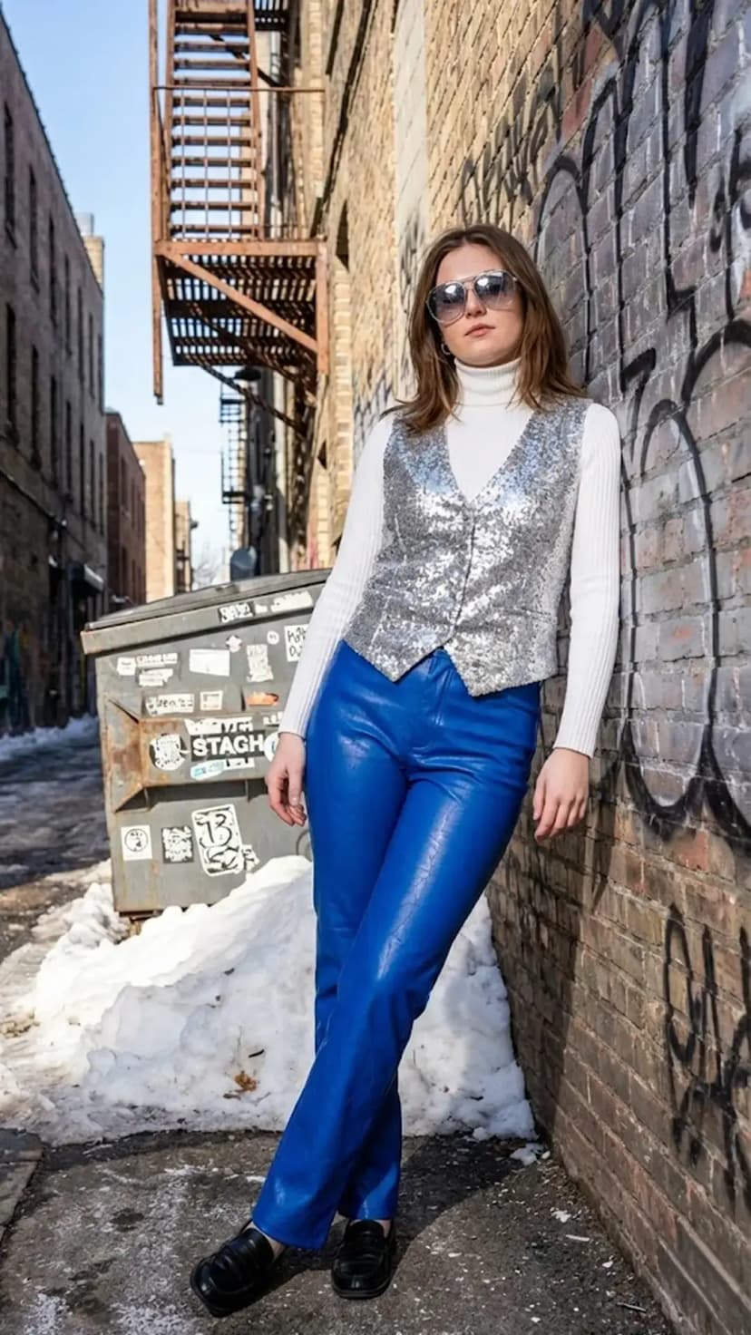 Silver Sequin Vest + White Ribbed Turtleneck + Blue Leather Pants + Black Loafers
