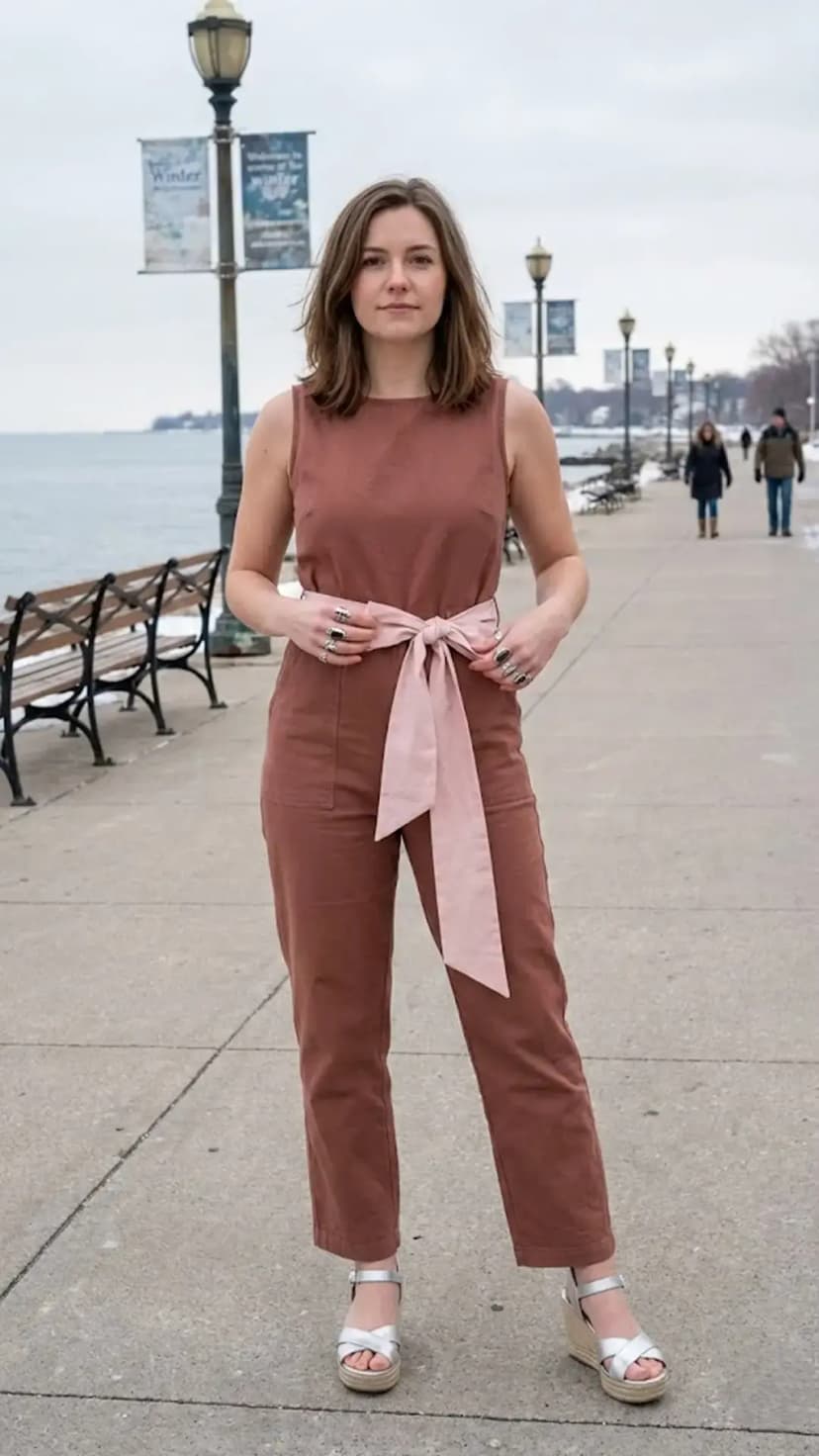Terracotta Sleeveless Jumpsuit + Blush Bow Belt + Silver Platform Sandals