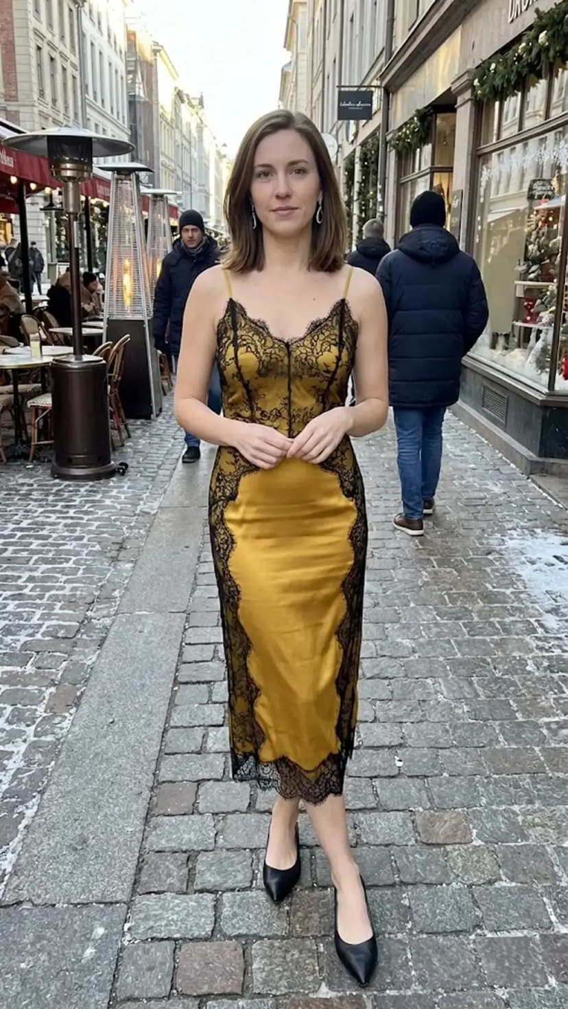 Mustard Yellow Slip Dress + Black Lace Overlay + Black Pumps