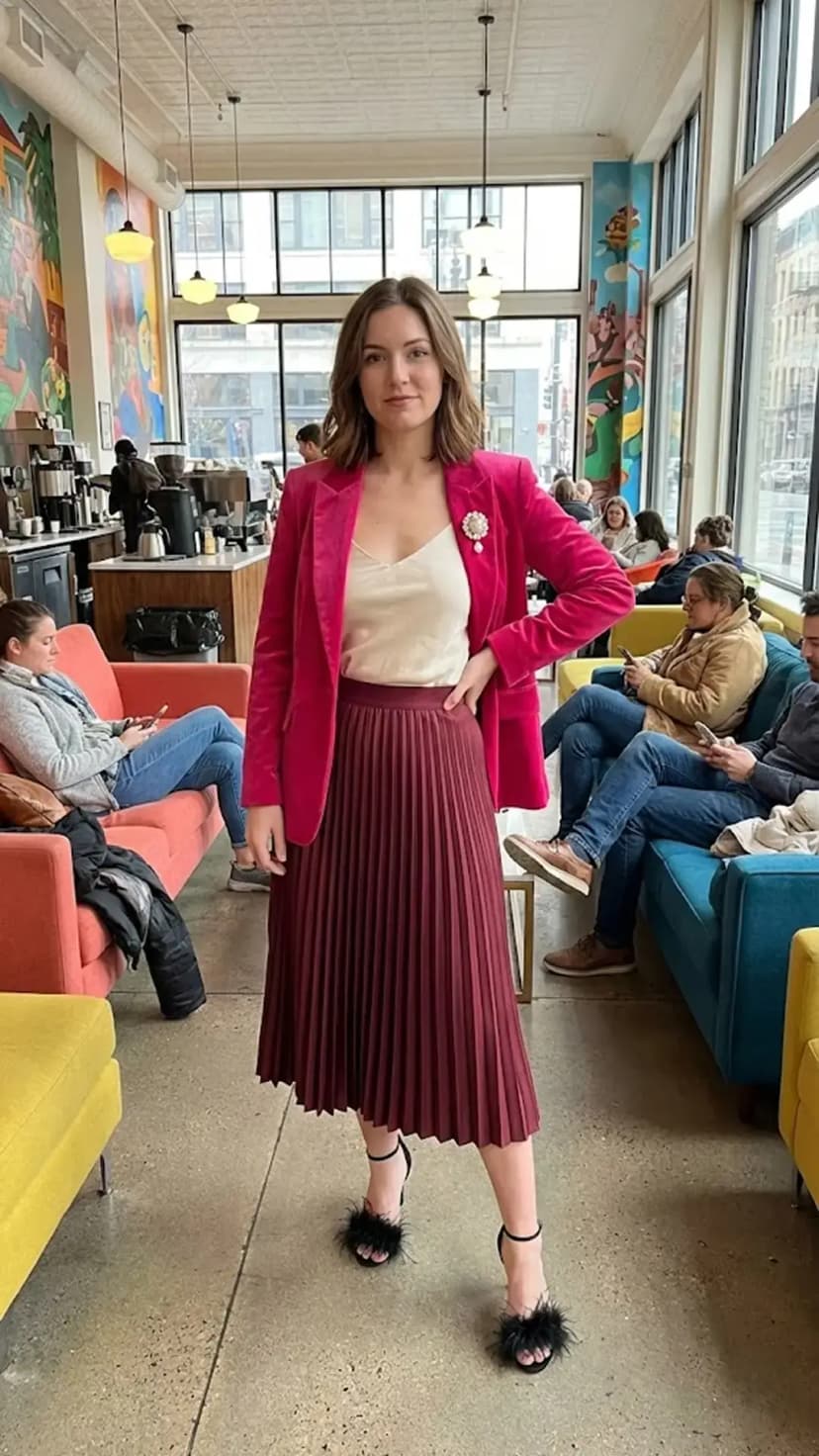 Fuchsia Velvet Blazer + Ivory Cami + Burgundy Pleated Skirt + Feather Heels