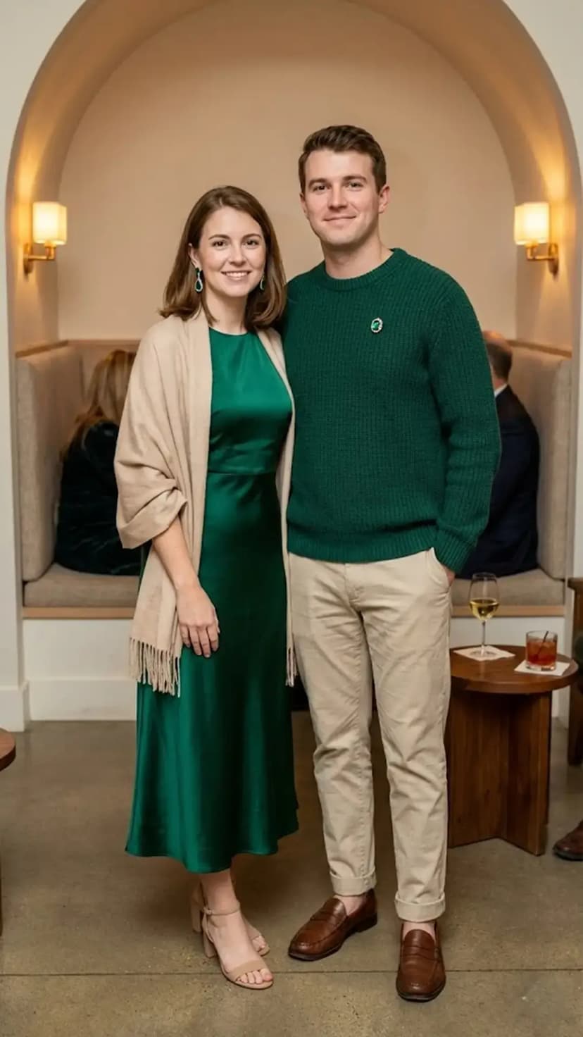 Emerald Satin Midi Dress + Beige Shawl + Green Knit Sweater + Khaki Chinos