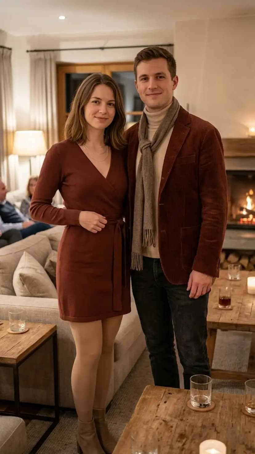 Rust Wrap Sweater Dress + Nude Tights + Corduroy Blazer + Turtleneck