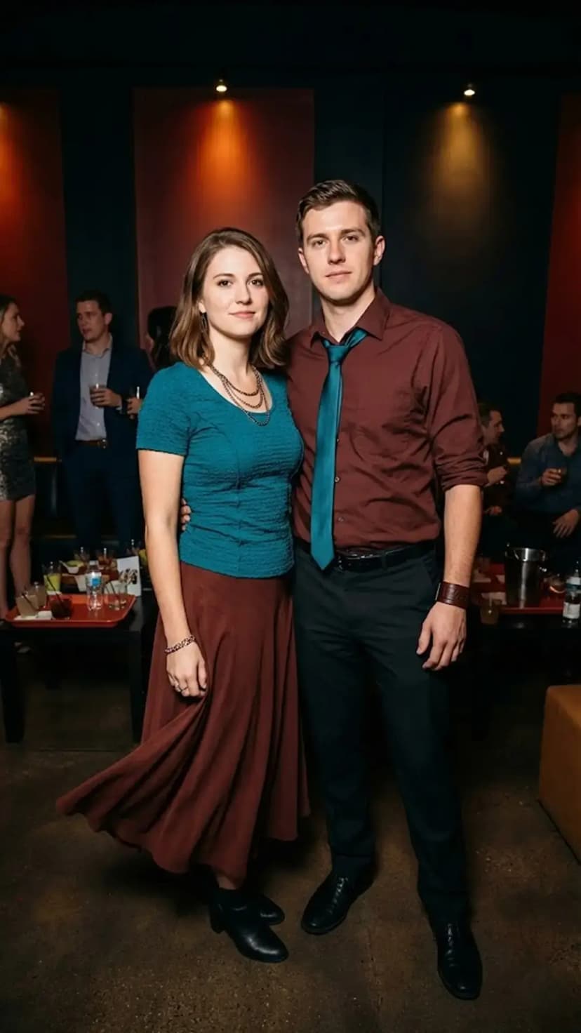 Teal Knit Top + Rust Midi Skirt + Maroon Shirt + Teal Tie