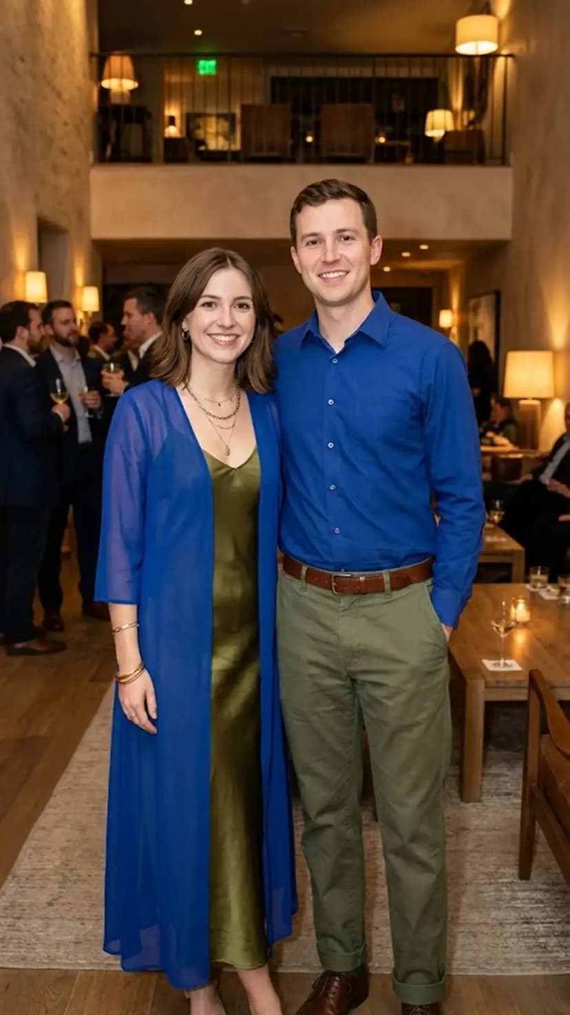 Olive Satin Slip Dress + Sheer Blue Duster + Blue Shirt + Olive Chinos