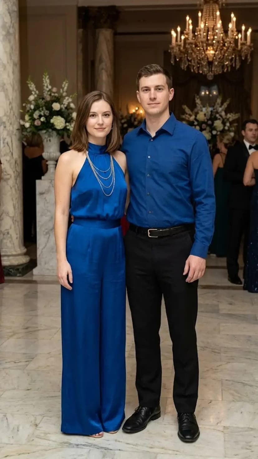 Royal Blue Halter Jumpsuit + Black Dress Pants + Blue Shirt