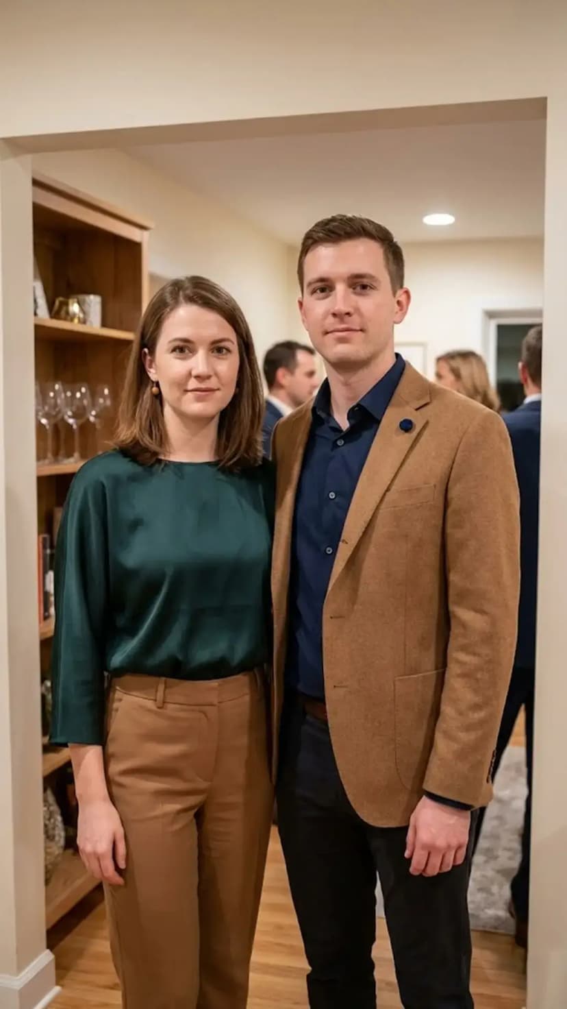 Satin Green Blouse + Camel Trousers + Navy Shirt + Camel Blazer