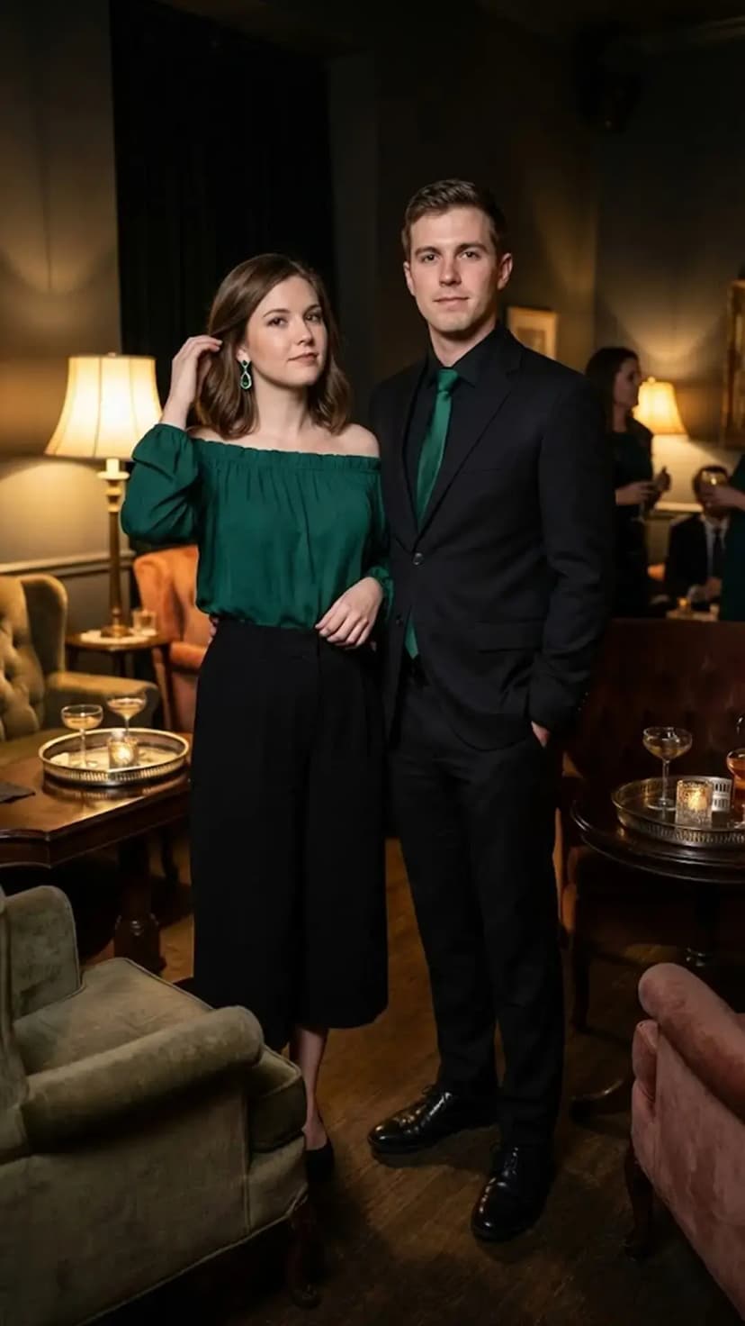 Emerald Off-Shoulder Top + Black Culottes + Black Suit + Green Tie