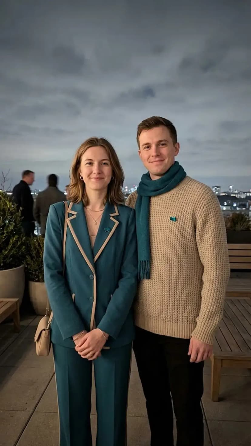 Teal Tailored Suit + Nude Cami + Oatmeal Sweater + Teal Scarf