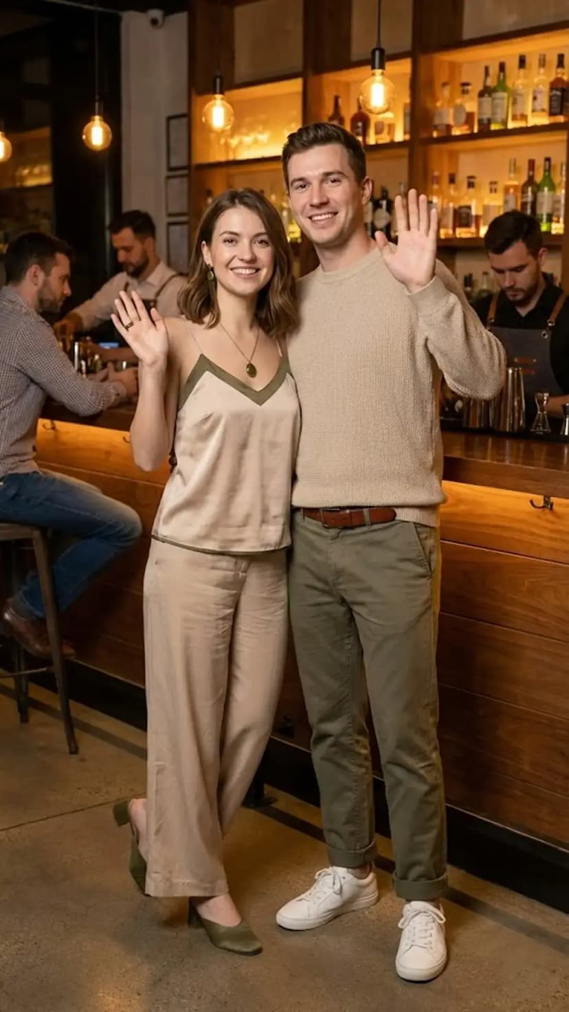 Champagne Satin Co-ord + Green Block Heels + Oatmeal Sweater + Olive Chinos