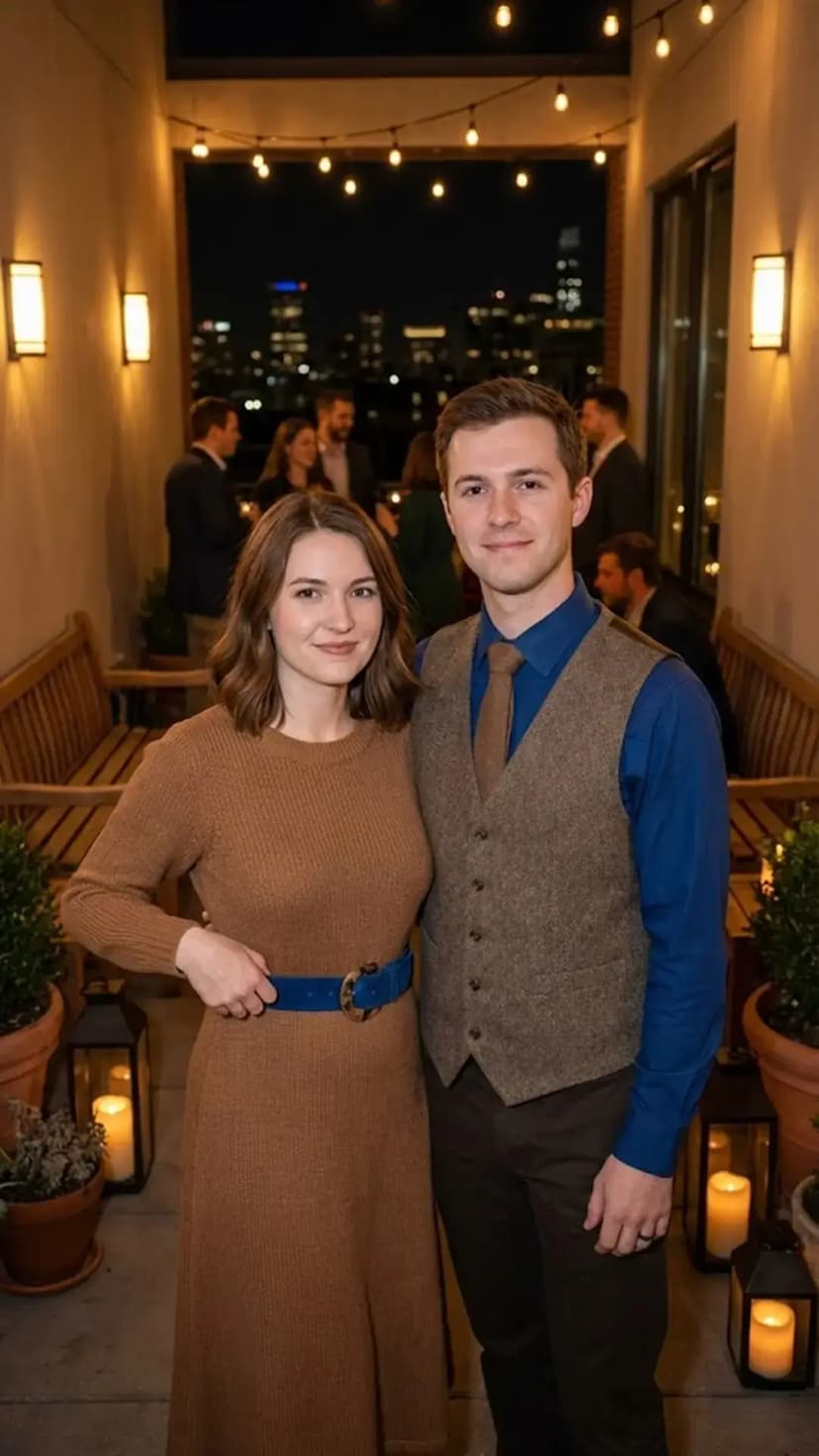 Camel Knit Dress + Blue Belt + Blue Shirt + Tweed Vest