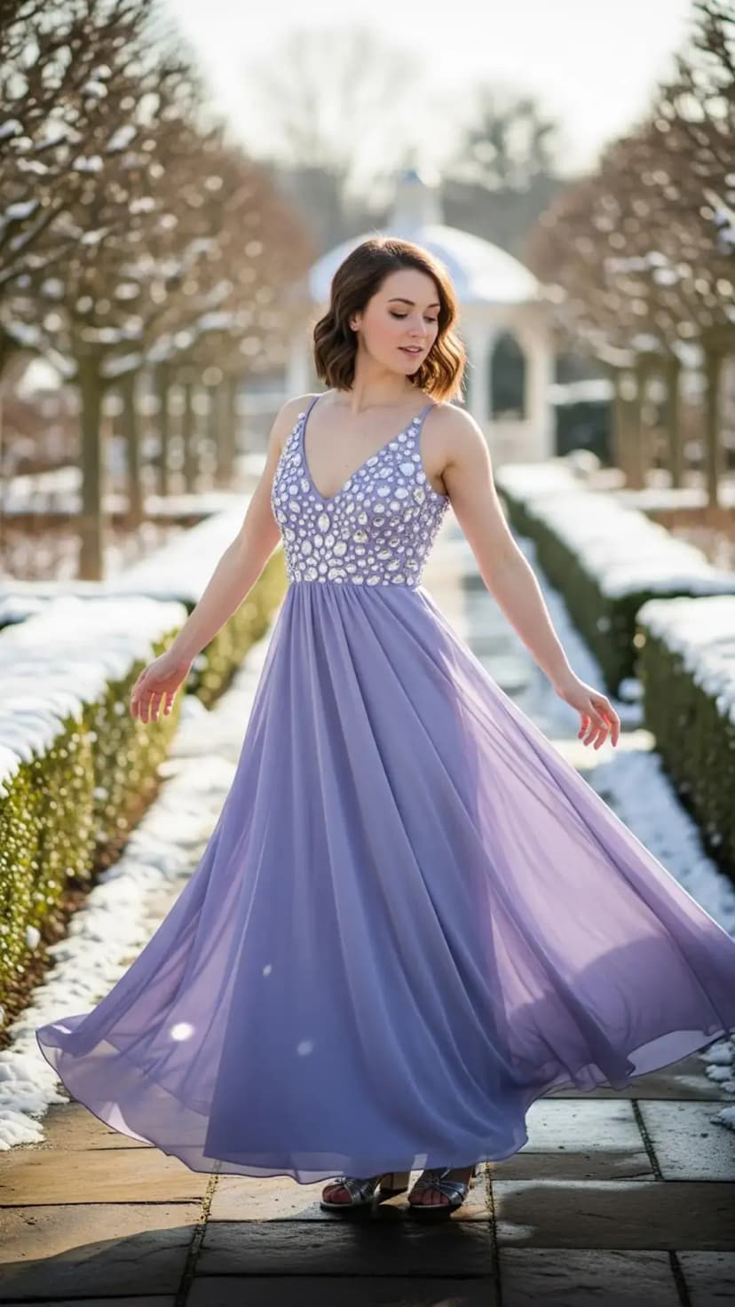 Lavender Embellished Maxi Dress + Silver Sandals