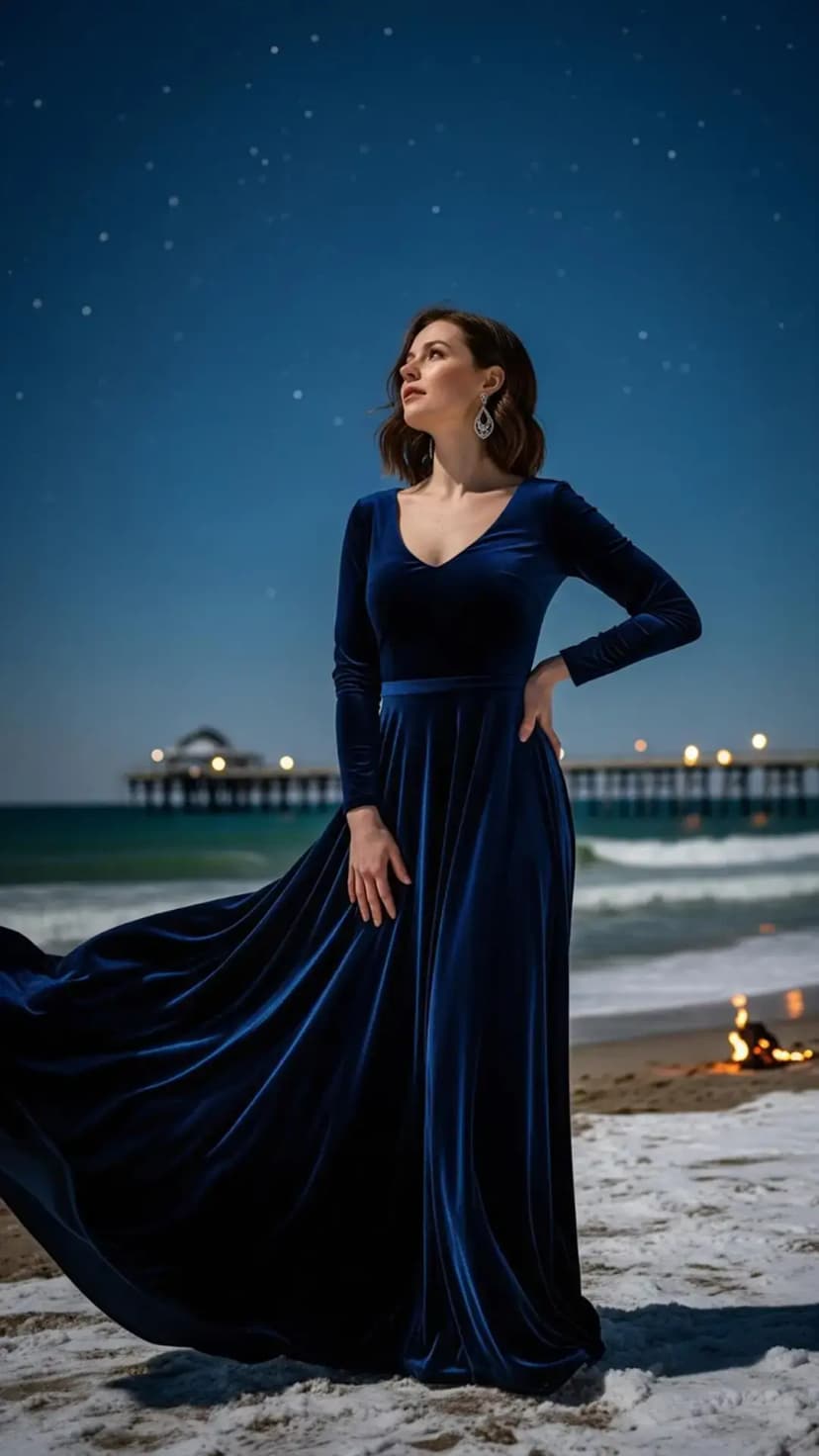 Navy Velvet Long-Sleeve Gown + Crystal Drop Earrings