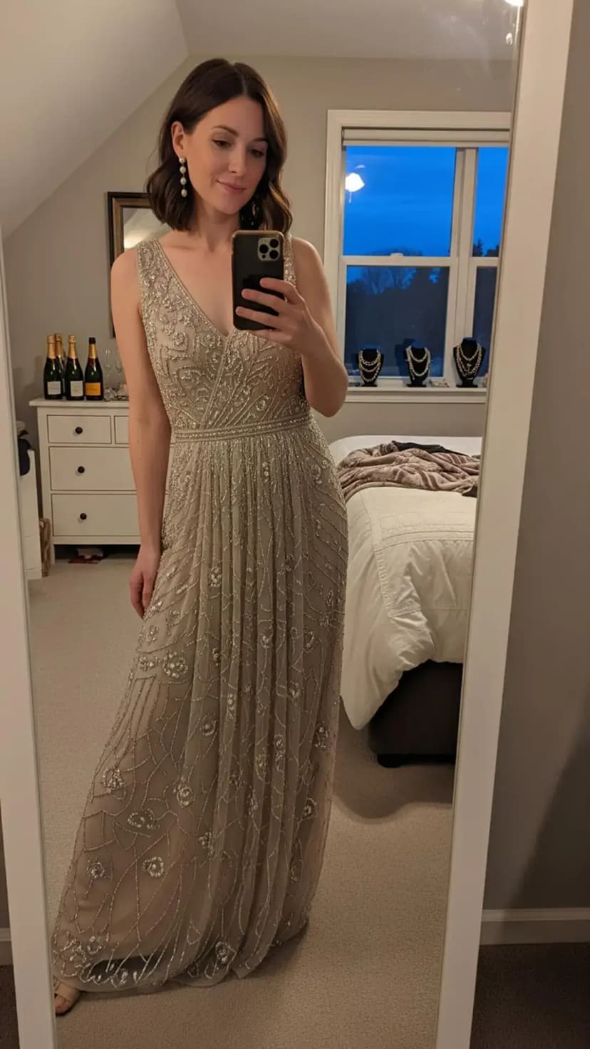 Beaded Champagne Maxi Dress + Pearl Drop Earrings