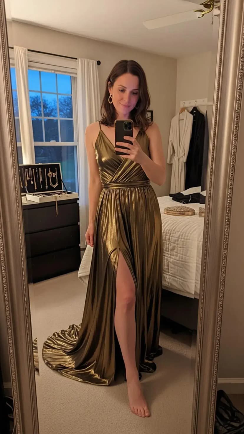 Metallic Olive Maxi Dress + High Slit + Gold Jewelry