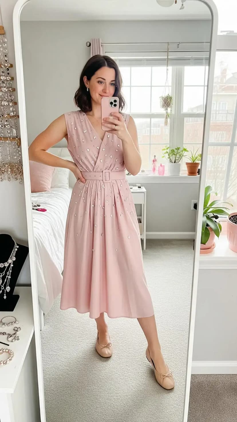 Embellished Pink Midi Dress + Nude Ballet Flats