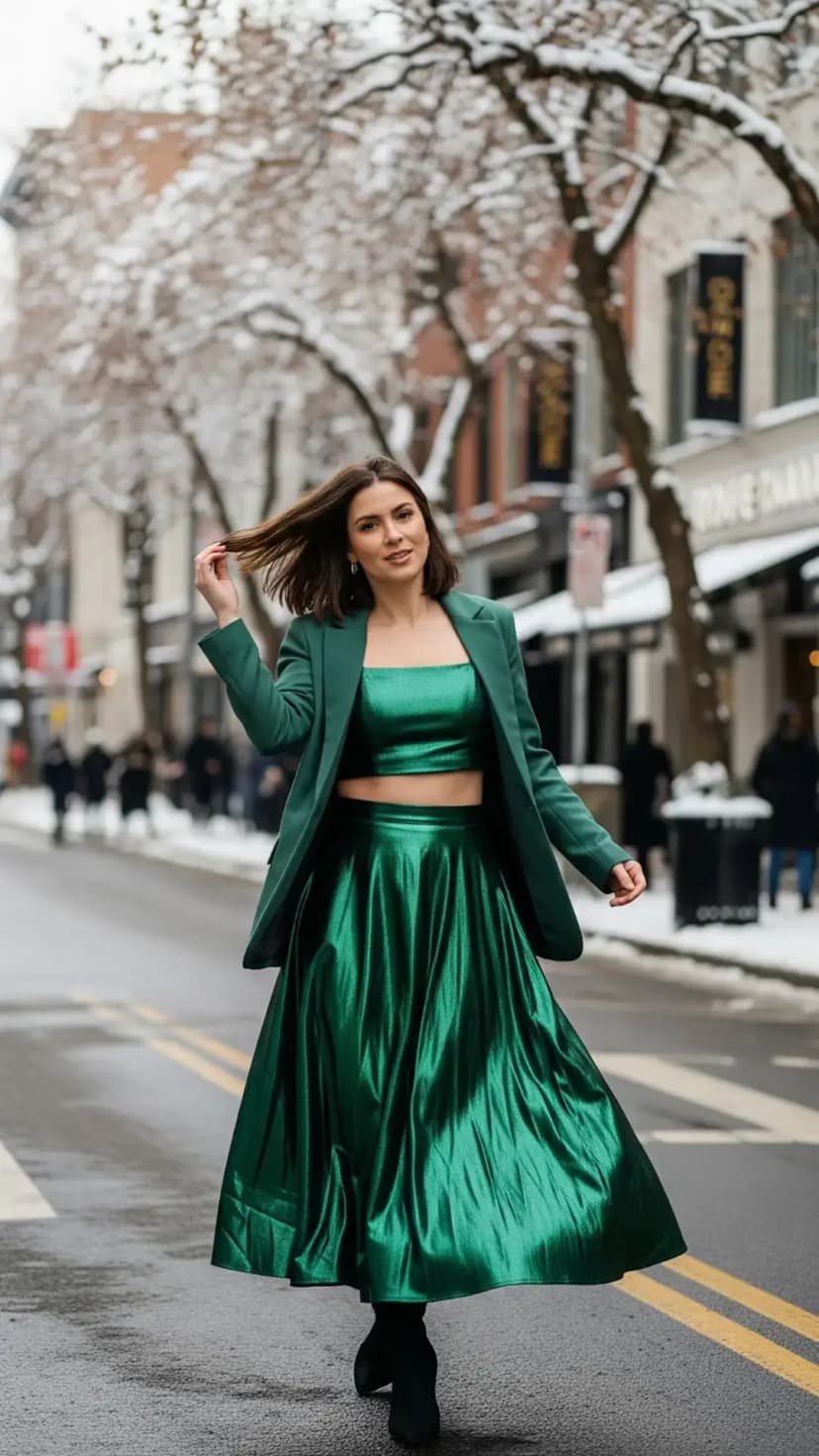 Metallic Green Crop Top + Midi Skirt Set + Green Blazer + Black Boots