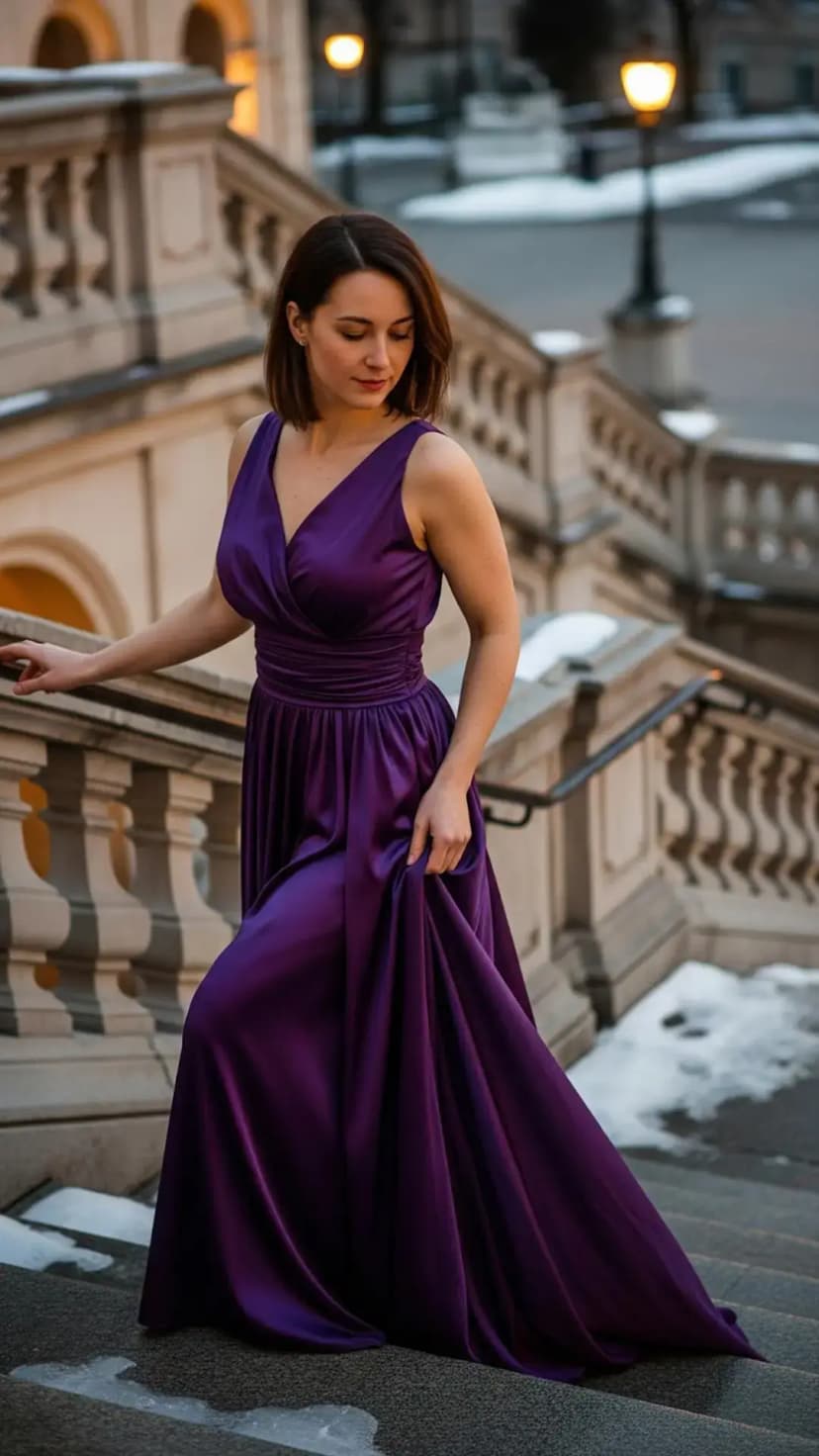 Purple Satin Evening Gown + Minimal Jewelry