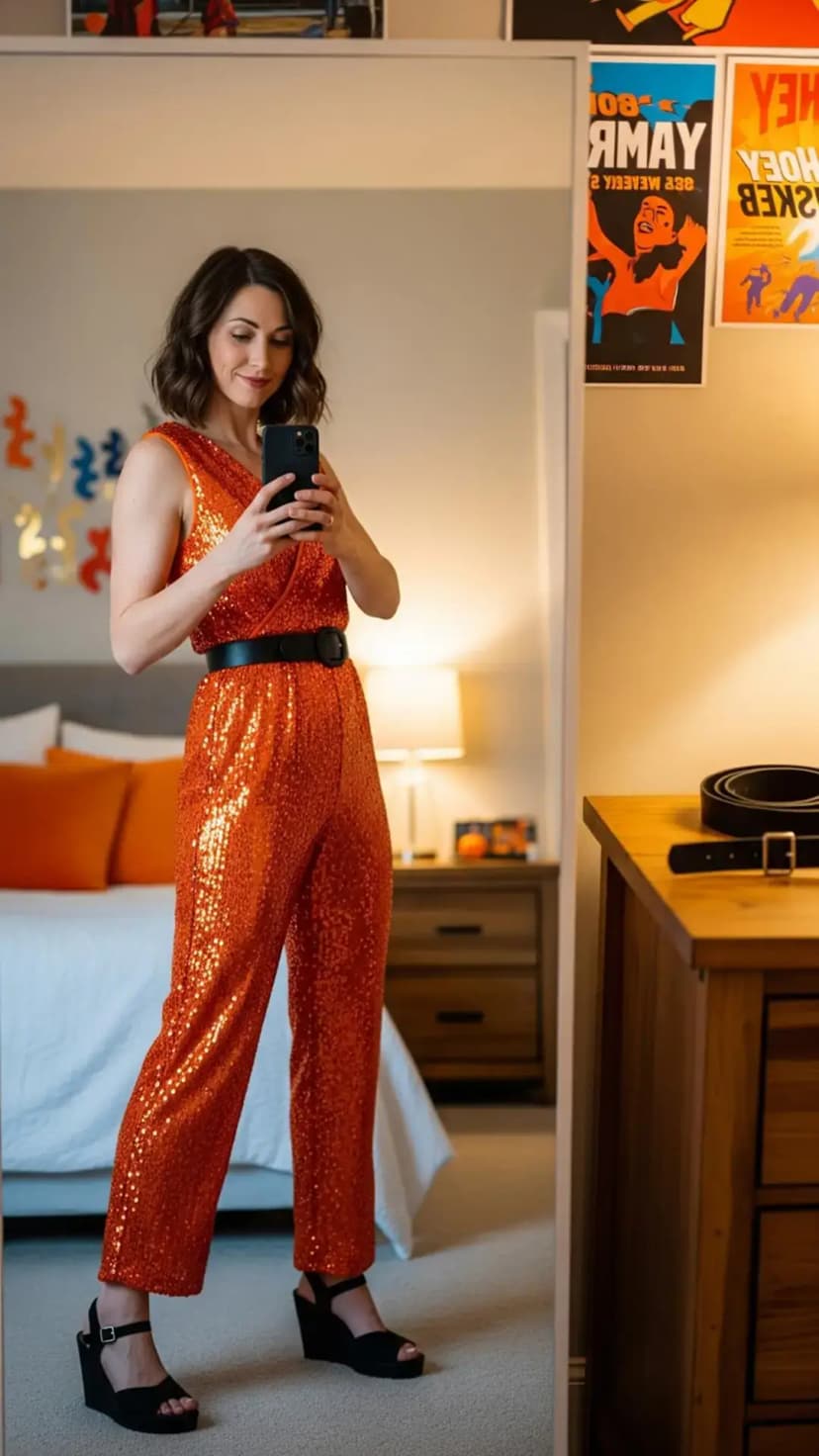 Orange Sequin Jumpsuit + Black Waist Belt + Black Wedge Sandals