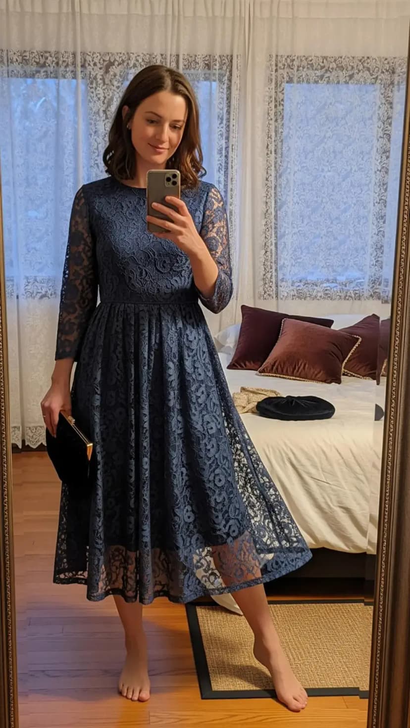 Navy Blue Lace Midi Dress + Black Velvet Clutch
