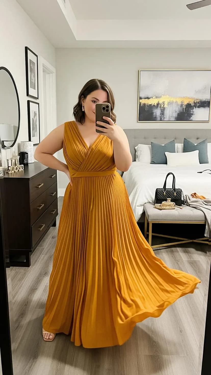 Yellow Pleated Maxi Dress + Nude Heels