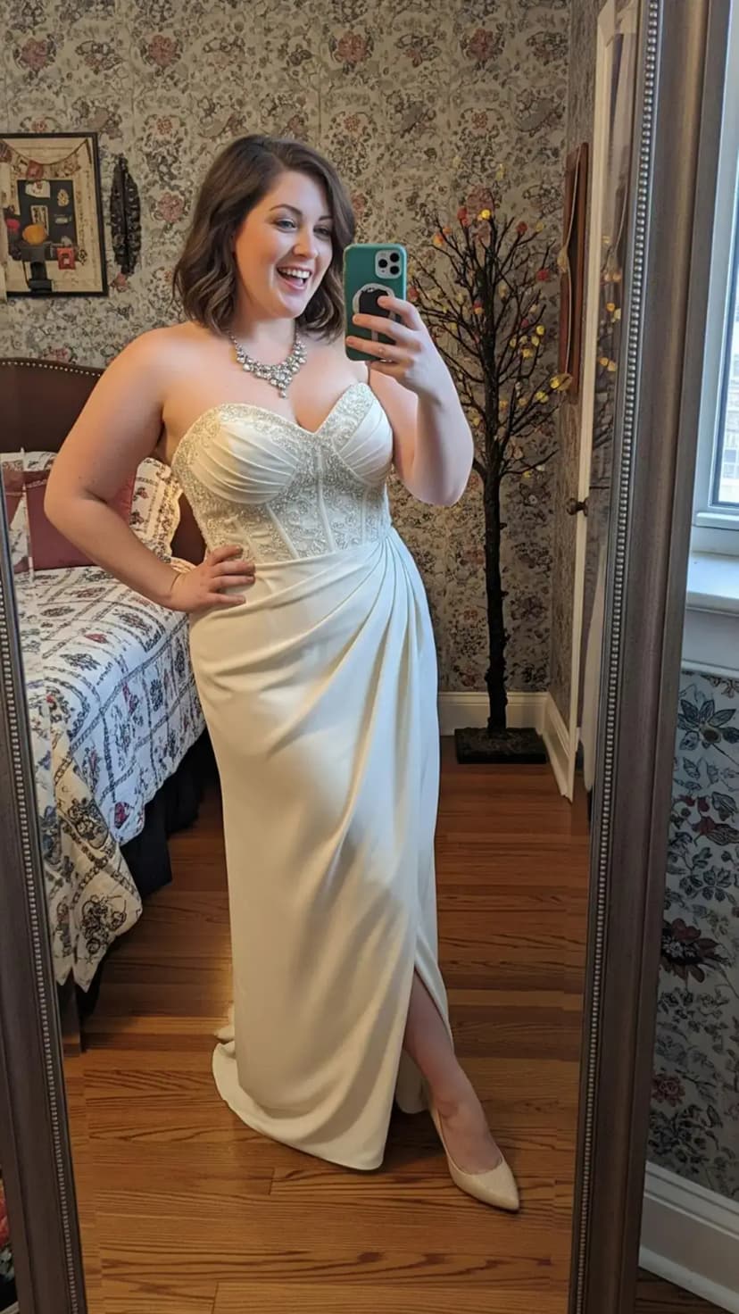 White Corset Maxi Dress + Crystal Necklace + Nude Heels