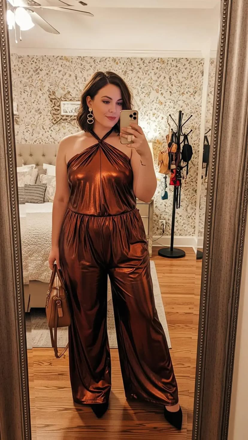Bronze Halter Jumpsuit + Brown Handbag + Black Pumps