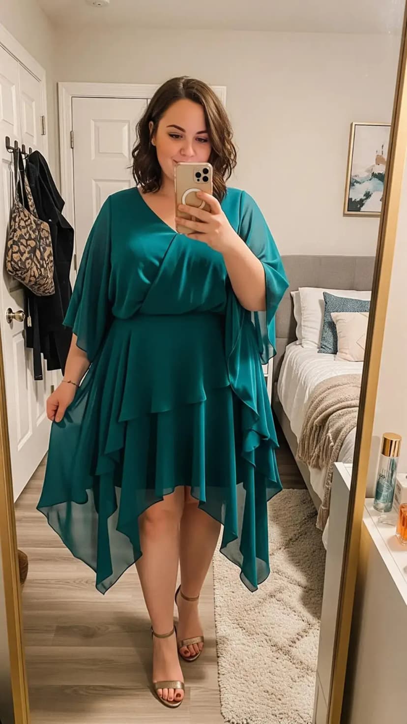 Teal Blue Ruffled Dress + Nude Heels
