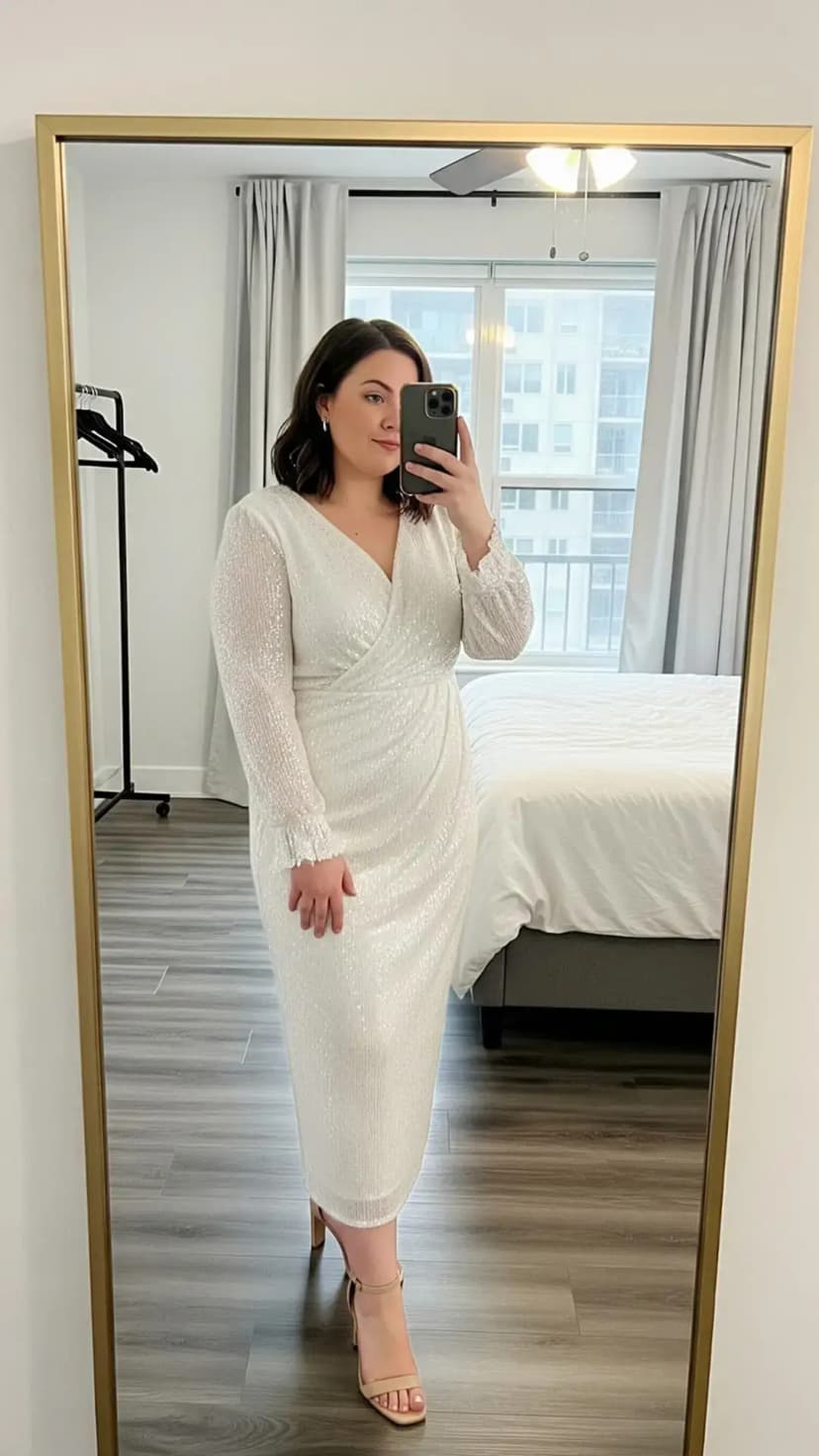 White Sequin Wrap Dress + Nude Heels