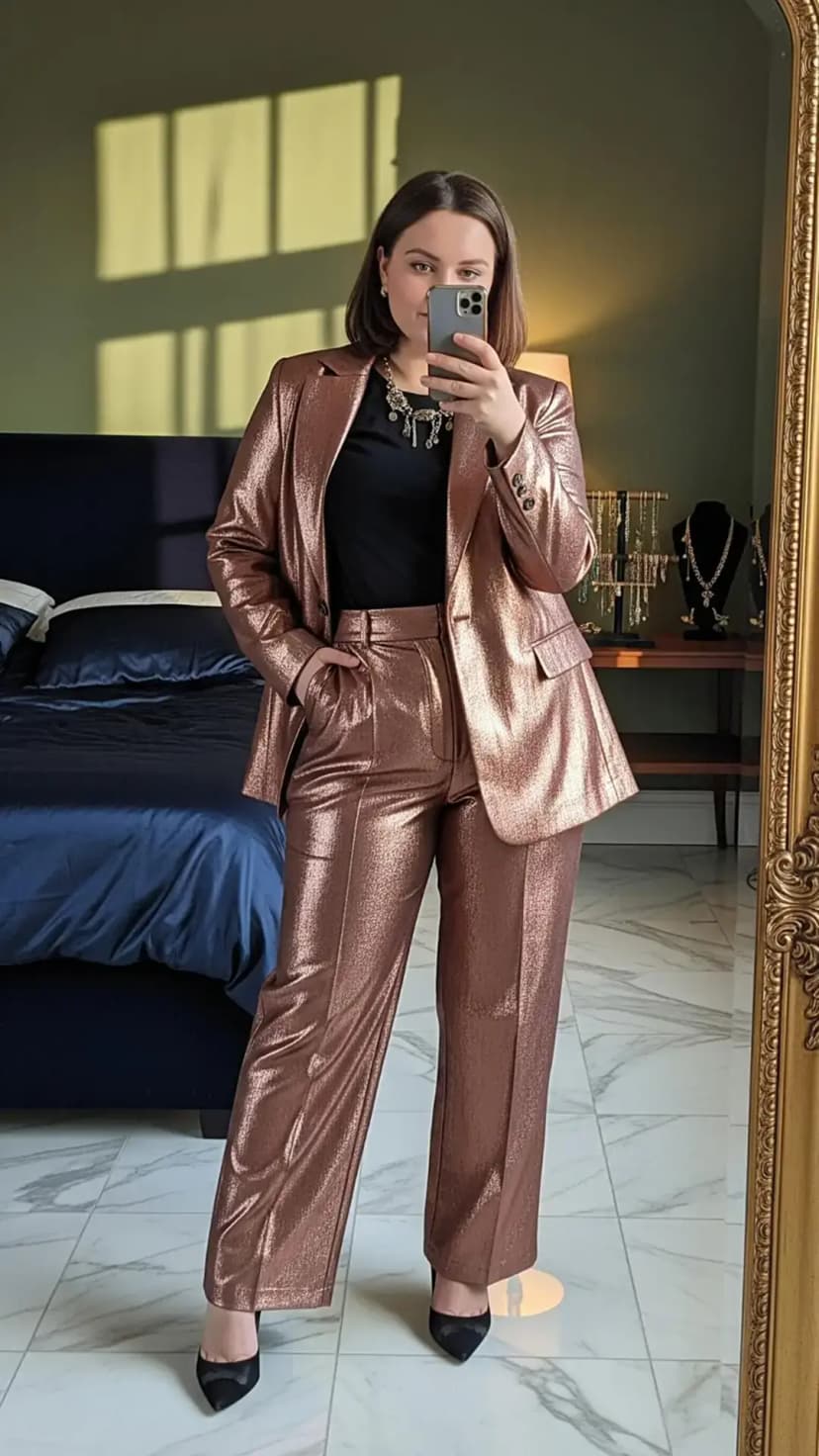 Metallic Bronze Suit + White Blouse + Nude Pumps