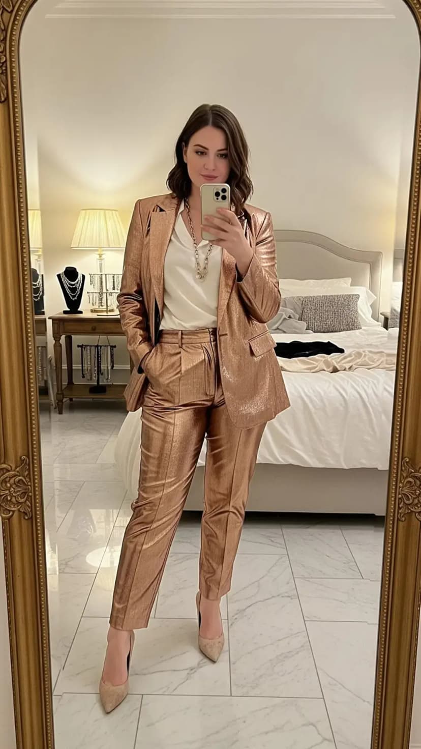 Metallic Bronze Suit + White Blouse + Nude Pumps