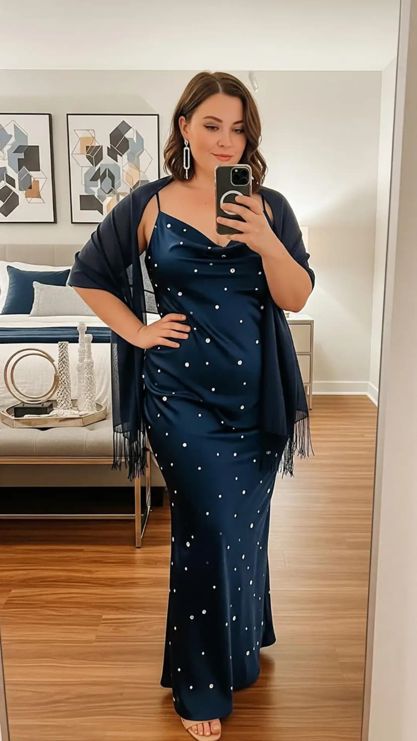 Navy Polka Dot Maxi Dress + Matching Shawl + Silver Earrings