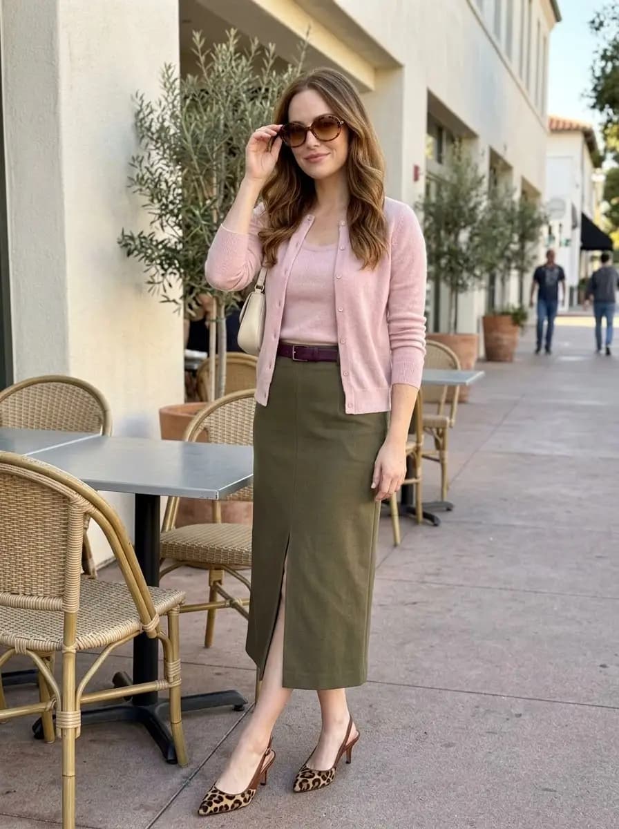 Pink knit cardigan and tank top with olive green pencil skirt