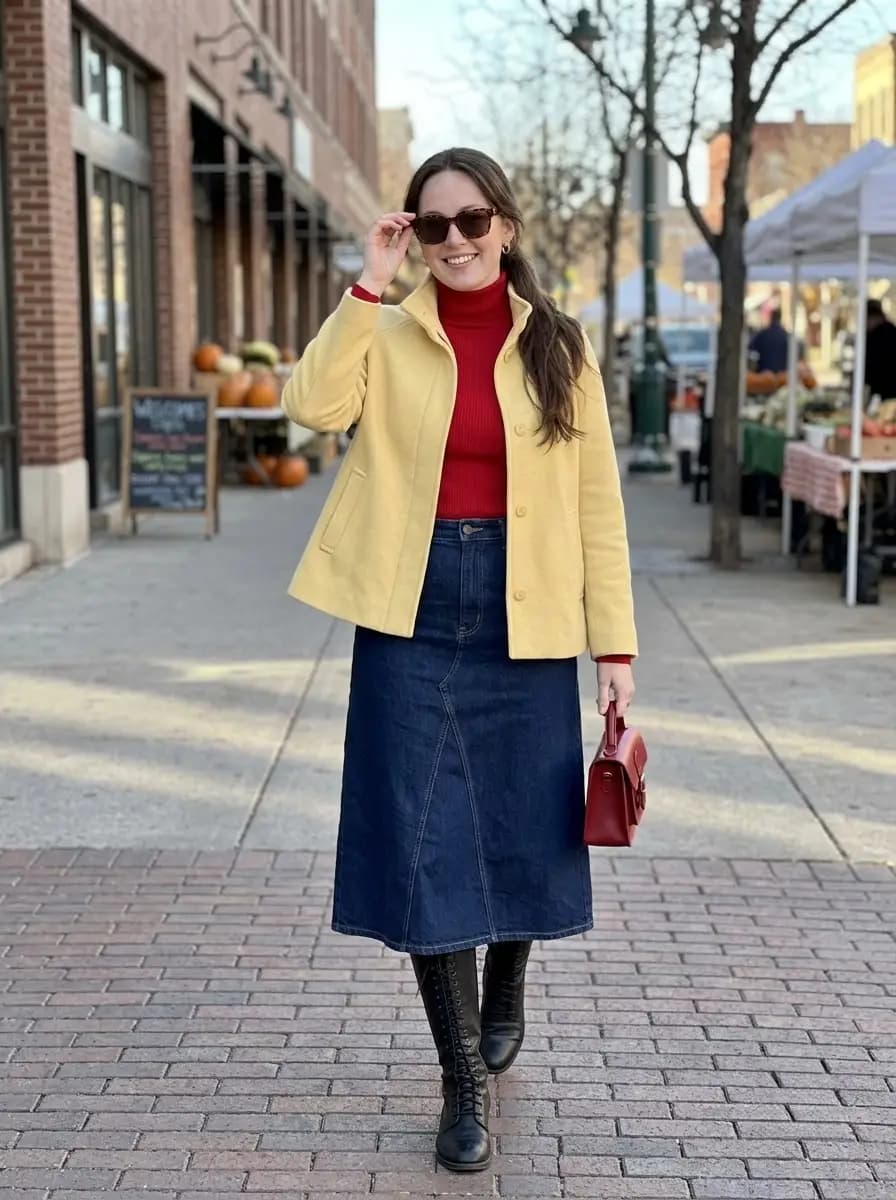 Yellow collarless jacket over red turtleneck with dark wash denim midi skirt