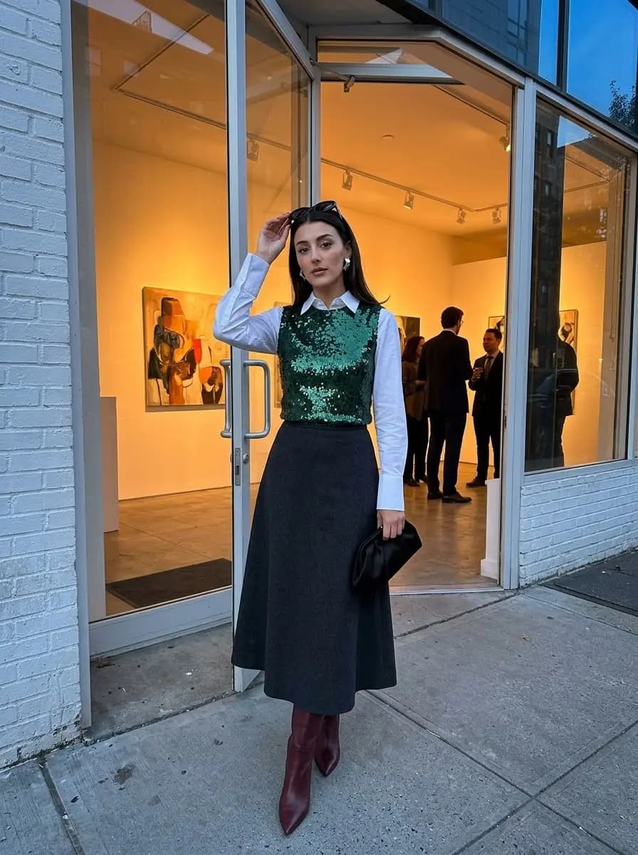 White button-up shirt with emerald green sequin vest and charcoal midi skirt