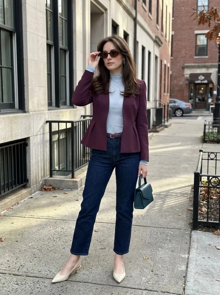 Burgundy peplum blazer over light blue mock neck top with dark wash jeans