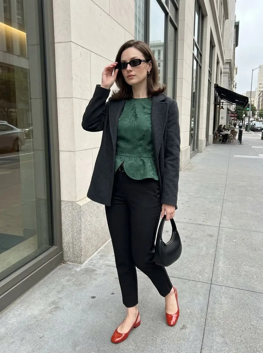 Charcoal blazer over emerald brocade peplum top with black cropped pants