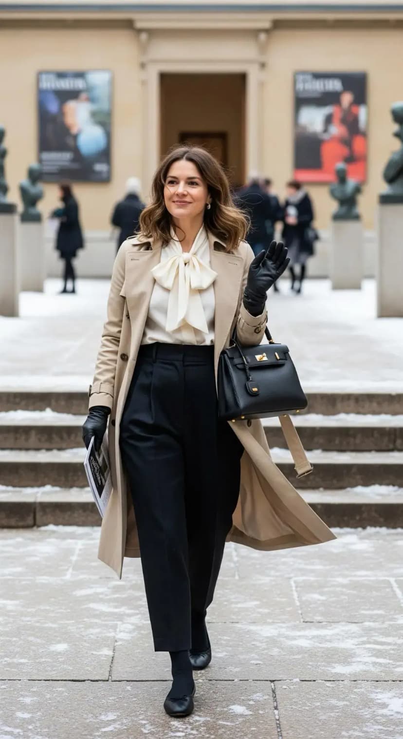 Beige Trench Coat + Ivory Bow Blouse + Black Wide Trousers + Black Ballet Flats