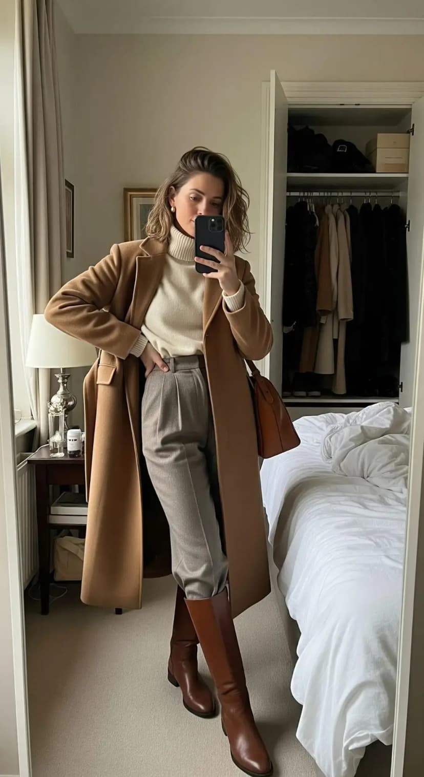 Camel Coat + Ivory Turtleneck Sweater + Taupe Trousers + Brown Knee Boots + Brown Leather Bag