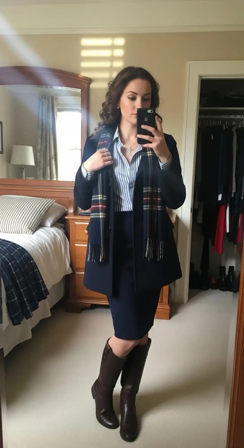 Navy Pea Coat + Striped Blouse + Navy Pencil Skirt + Plaid Scarf + Brown Riding Boots