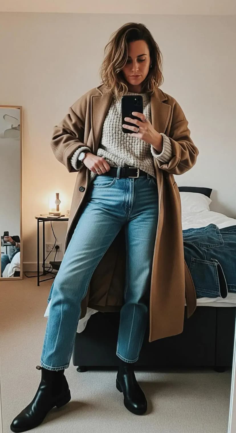 Camel Coat + Textured Knit Sweater + Blue Straight Jeans + Black Chelsea Boots