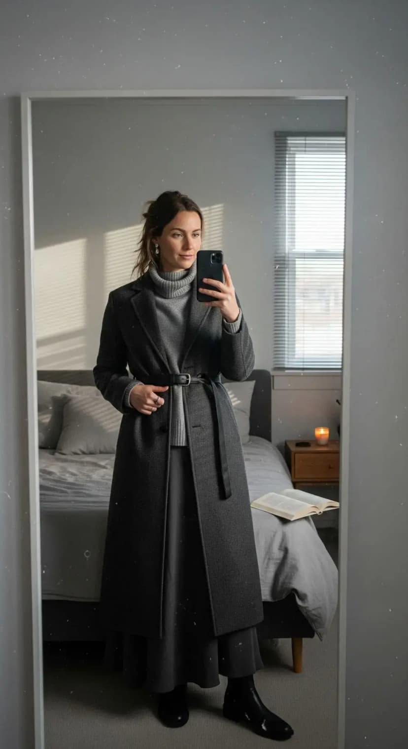 Grey Belted Coat + Grey Turtleneck Sweater + Grey Maxi Skirt + Black Chelsea Boots