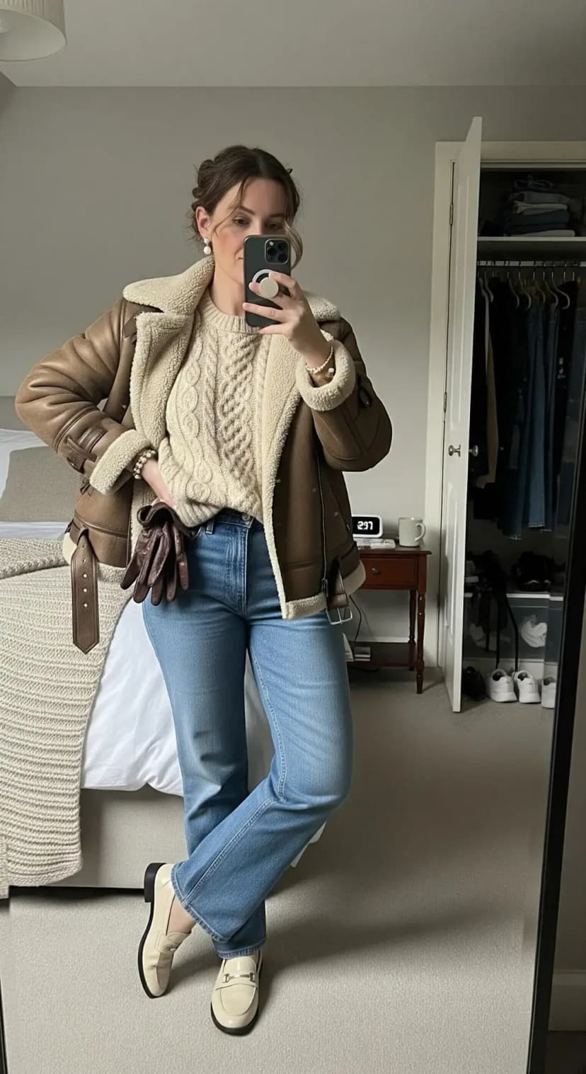 Shearling Aviator Jacket + Cable Knit Sweater + Blue Jeans + Cream Loafers + Brown Leather Gloves