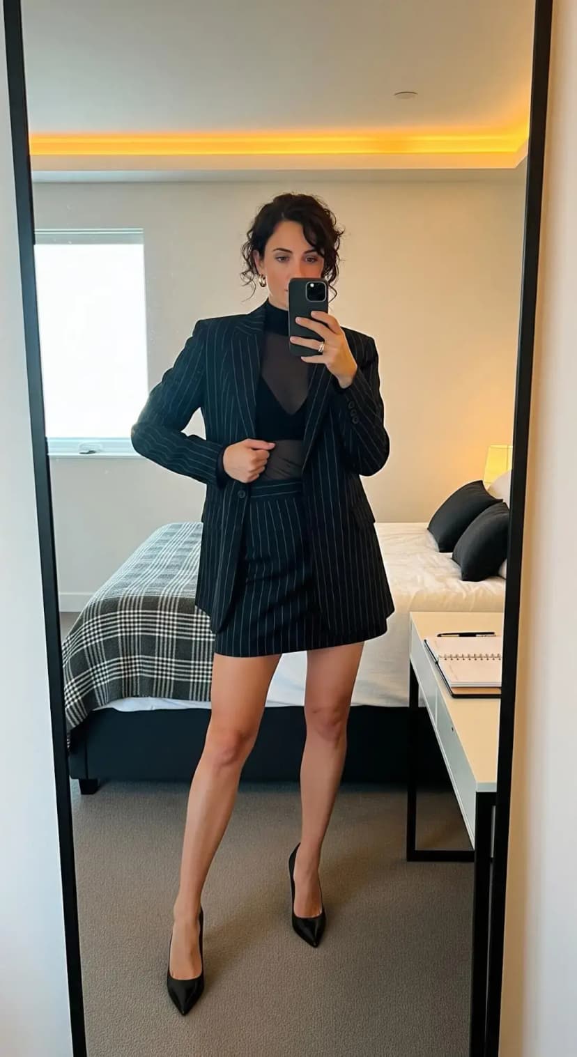 Pinstripe Blazer + Pinstripe Mini Skirt + Black Mesh Top + Black Pumps