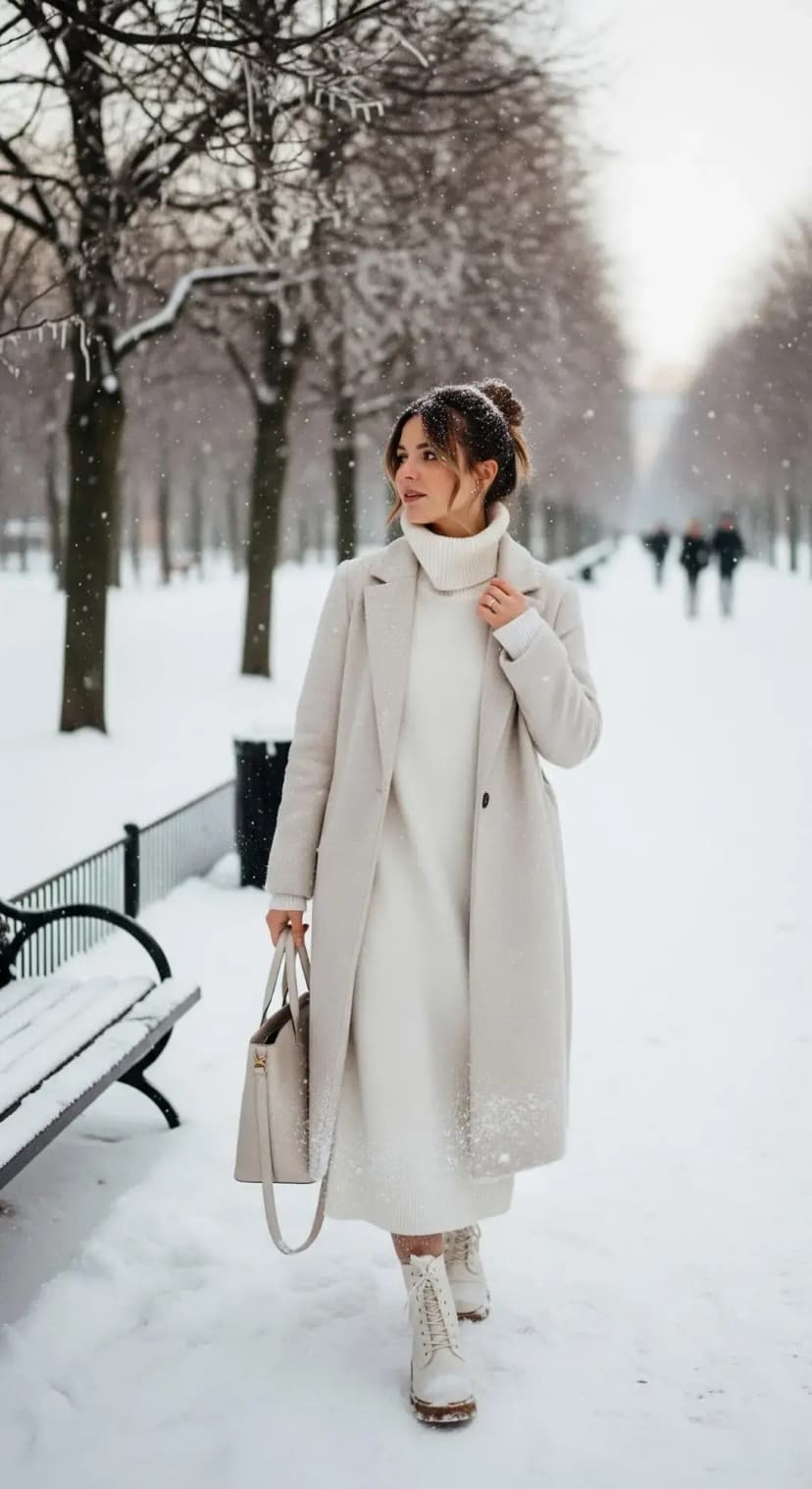 Ivory Wool Coat + Turtleneck Sweater Dress + White Lace-Up Boots