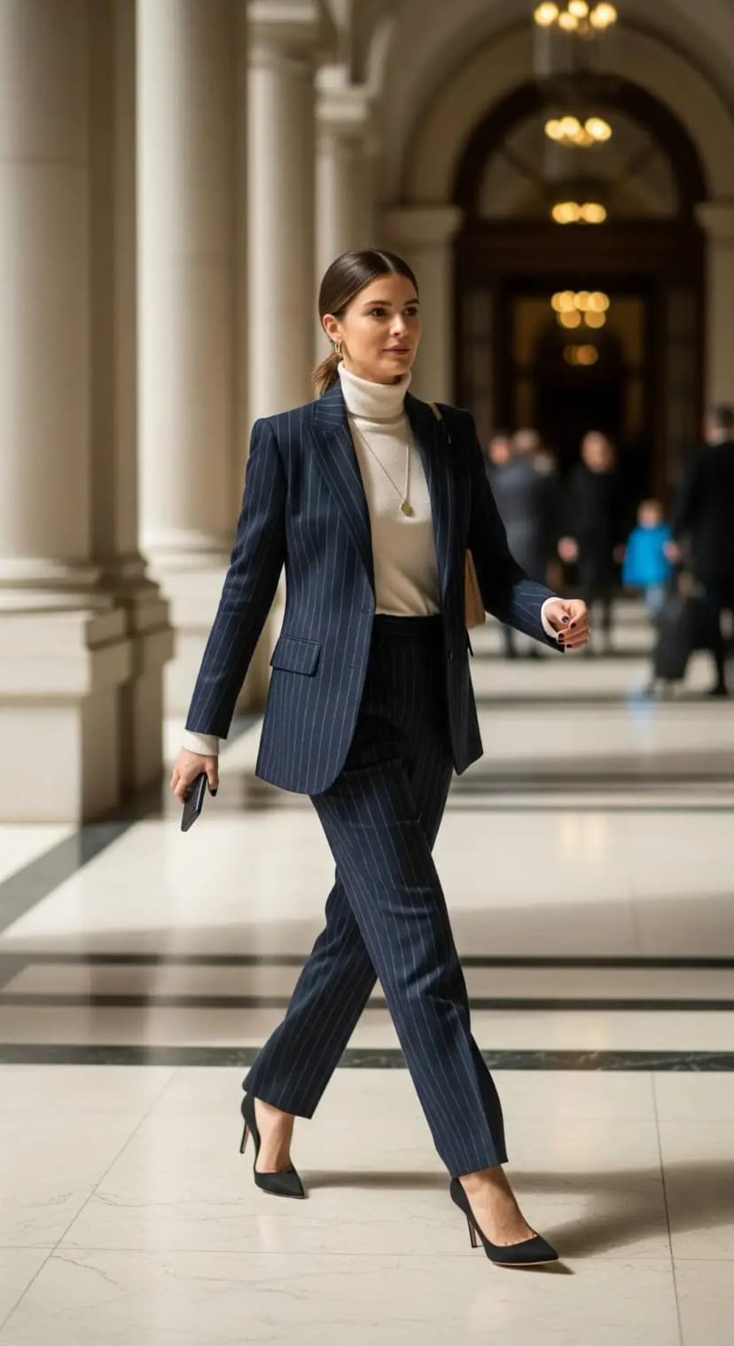 Navy Pinstripe Blazer Suit + Cream Turtleneck + Black Heels
